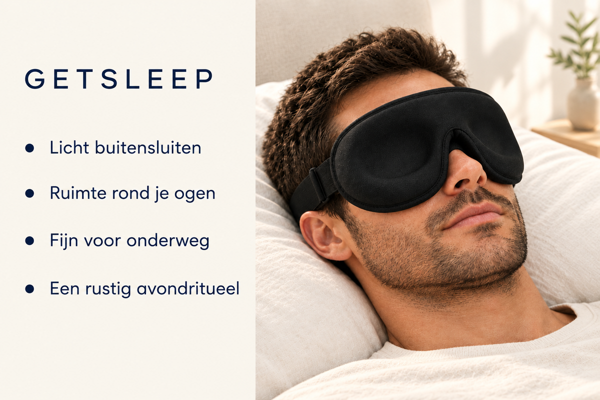 Man op bed draagt zwart GETSLEEP 3D-slaapmasker; beeld met vier korte kenmerken