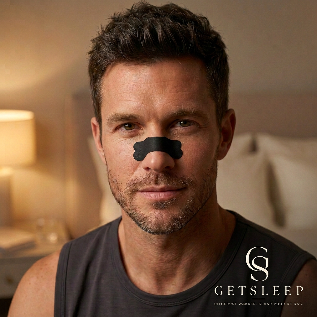 Man met zwarte neusstrip in een slaapkamer, met GETSLEEP-logo en slogan
