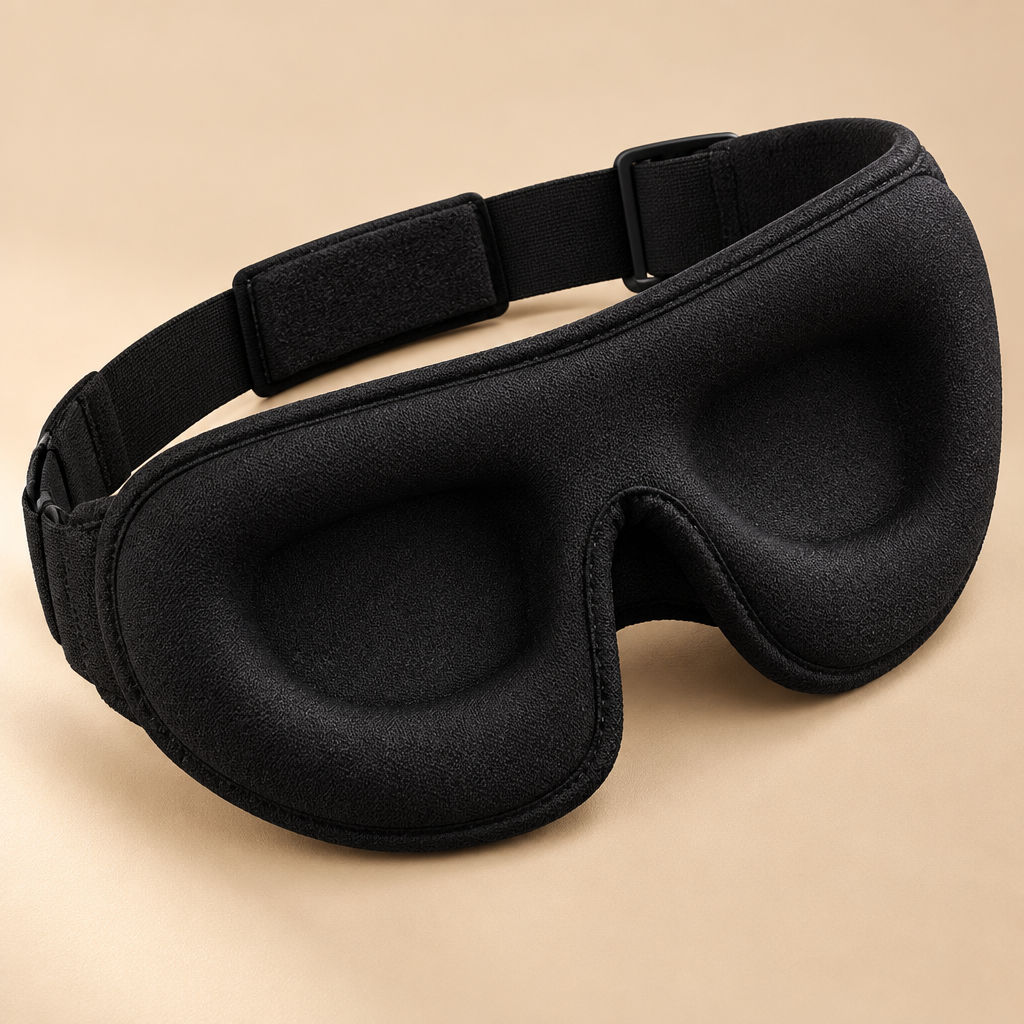 Detail van zwart 3D-slaapmasker met ooguitsparingen en band