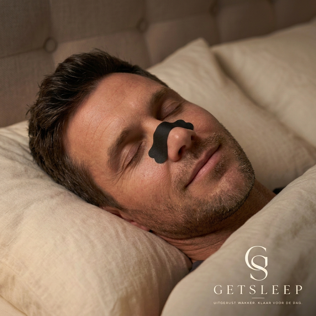 Close-up van een slapende man met een subtiele glimlach en een zwarte GETSLEEP-neusstrip