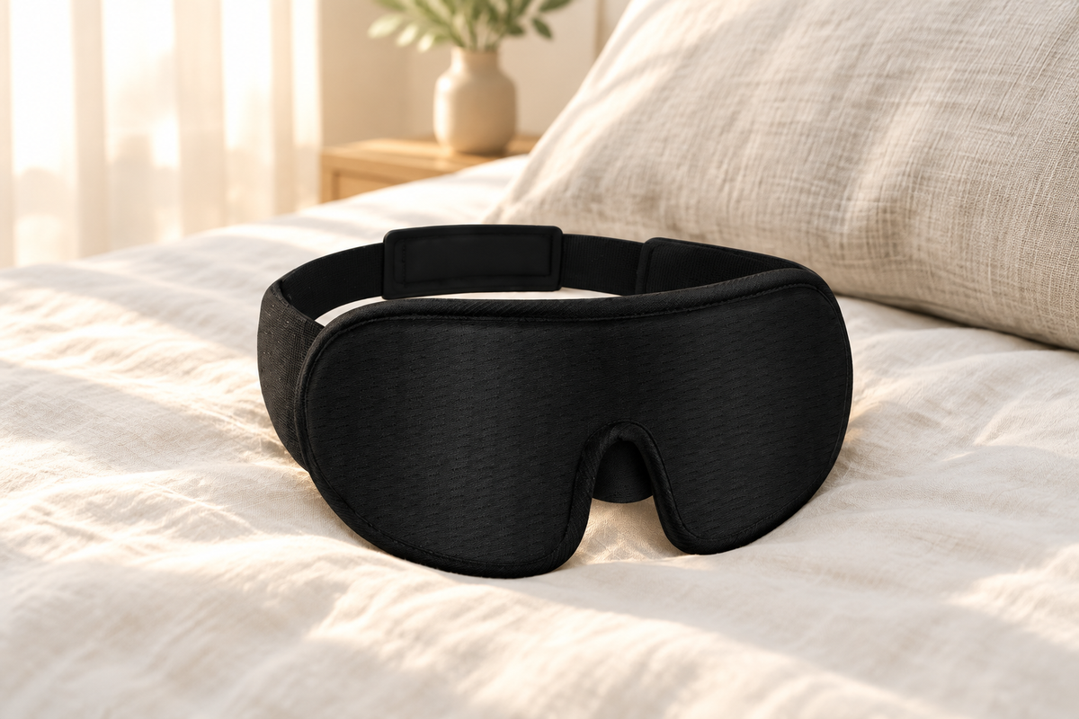 Zwart GETSLEEP 3D-slaapmasker op licht bed